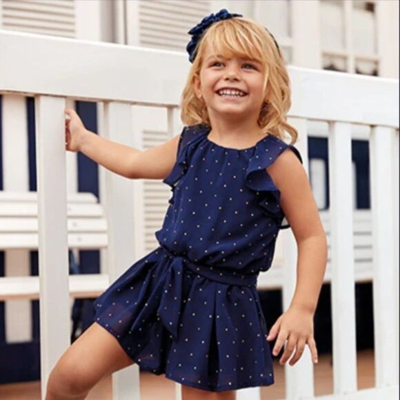 MAYORAL Ruffled Shorts Romper Girls 6 Navy Blue Gold Dot Playsuit Chiffon Jumper - Picture 9 of 9